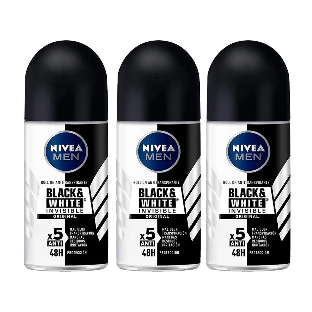 Pack Desodorante Roll On NIVEA Invisible B&W Male - Frasco 50ml x 3un