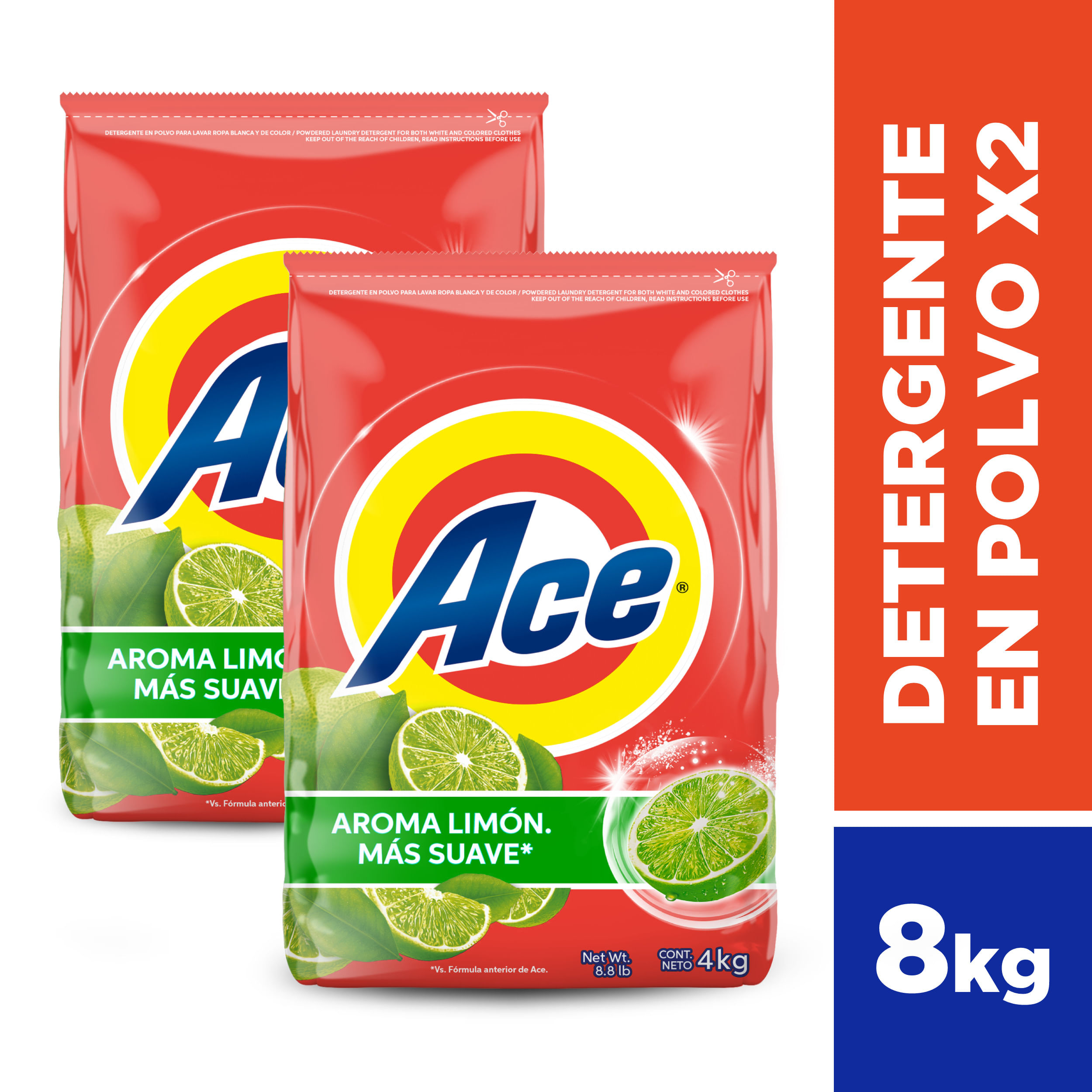 Pack ACE Detergente en Polvo Limón Bolsa 4Kg Paquete 2un
