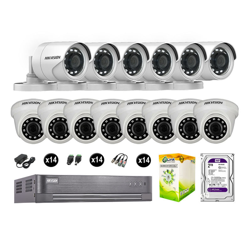 Cámaras Seguridad Hikvision Kit 14 Vigilancia Full Hd 1080P + Disco 2Tb Completo