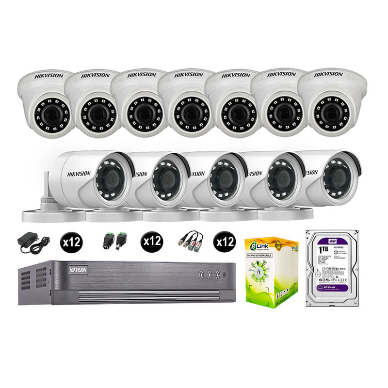Cámaras Seguridad Hikvision Kit 12 Vigilancia Full Hd 1080P + Disco 1Tb Completo