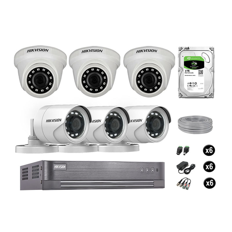 Cámaras Seguridad Hikvision Kit 6 Vigilancia Full Hd 1080P + Disco 1Tb Completo
