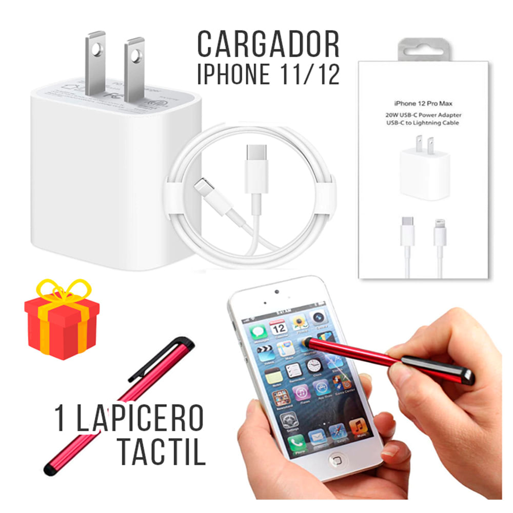 Combo Cargador Generico Compatible con iPhone 11 12 Pro Apple 20 w + Lapiz Lapicero Touch celular