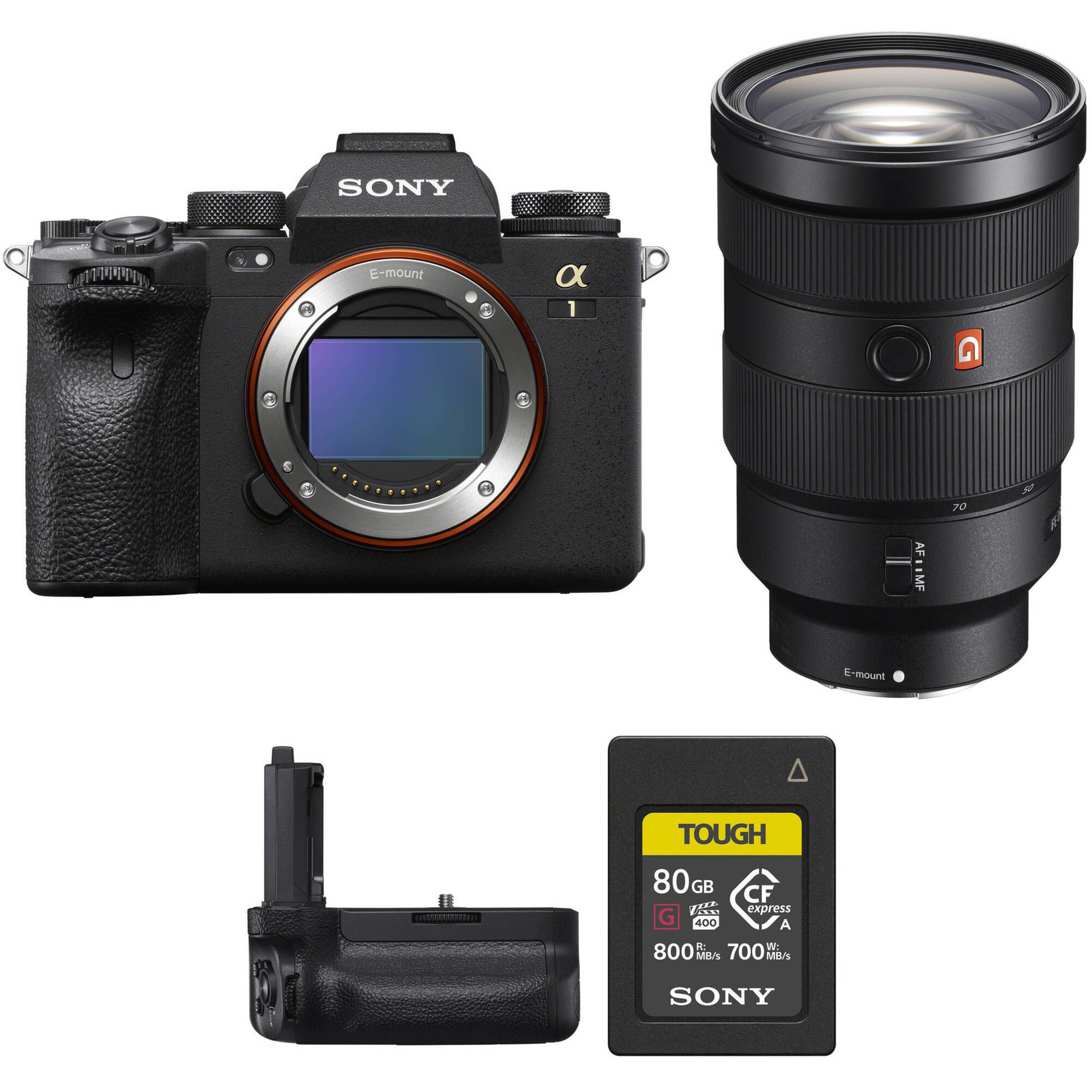 Cámara sin espejo Sony a1 con lente de 24-70 mm f/2.8 y kit de empuñadura vertical