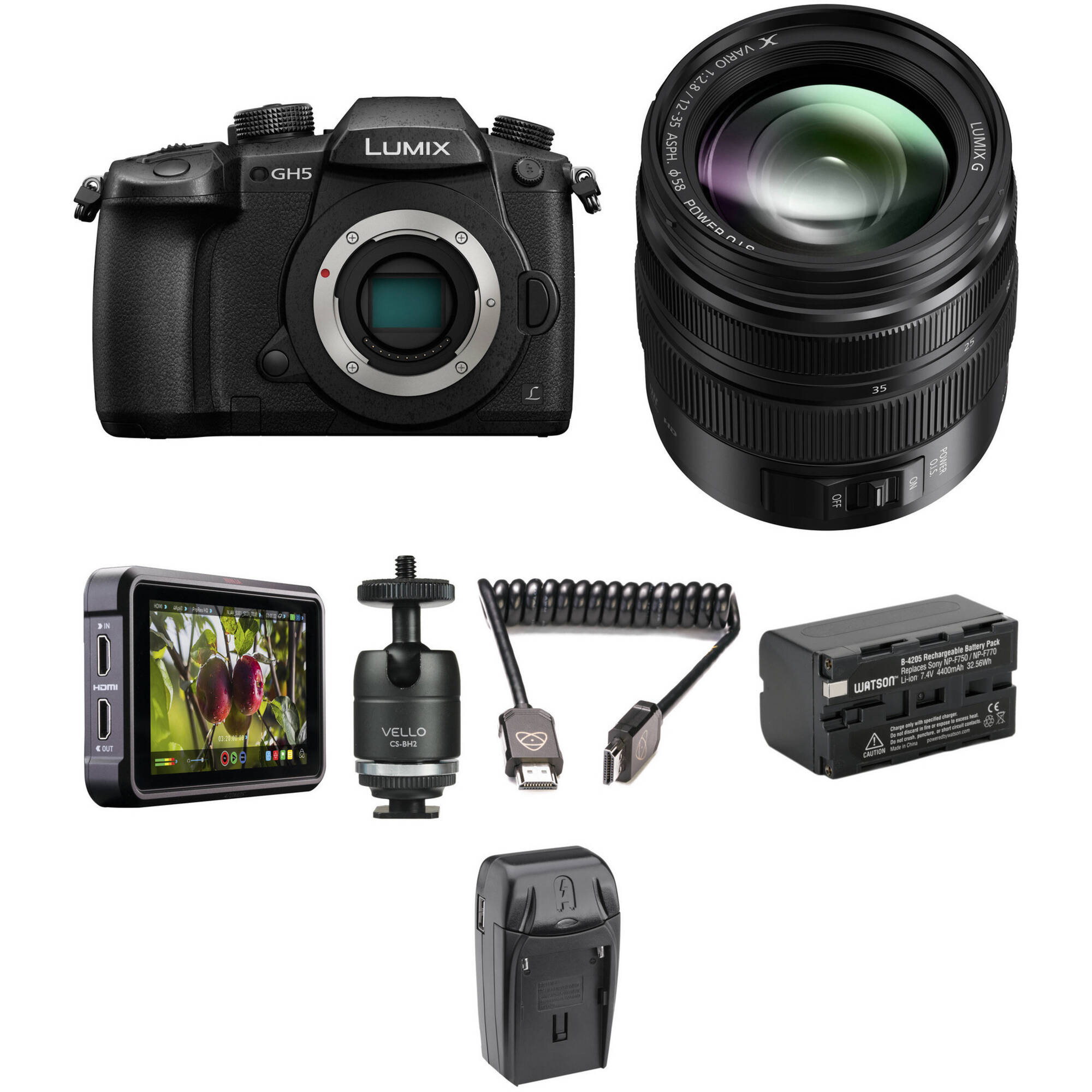 Cámara sin espejo Panasonic Lumix GH5 con lente de 12-35 mm y kit Ninja V