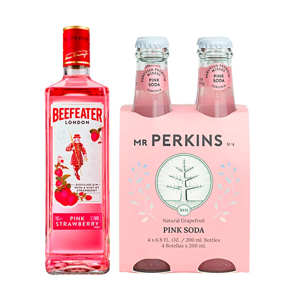 Pack Gin BEEFEATER Pink Botella 700ml + Agua Tónica MR PERKINS Pink Soda Botella 200ml Paquete 4un