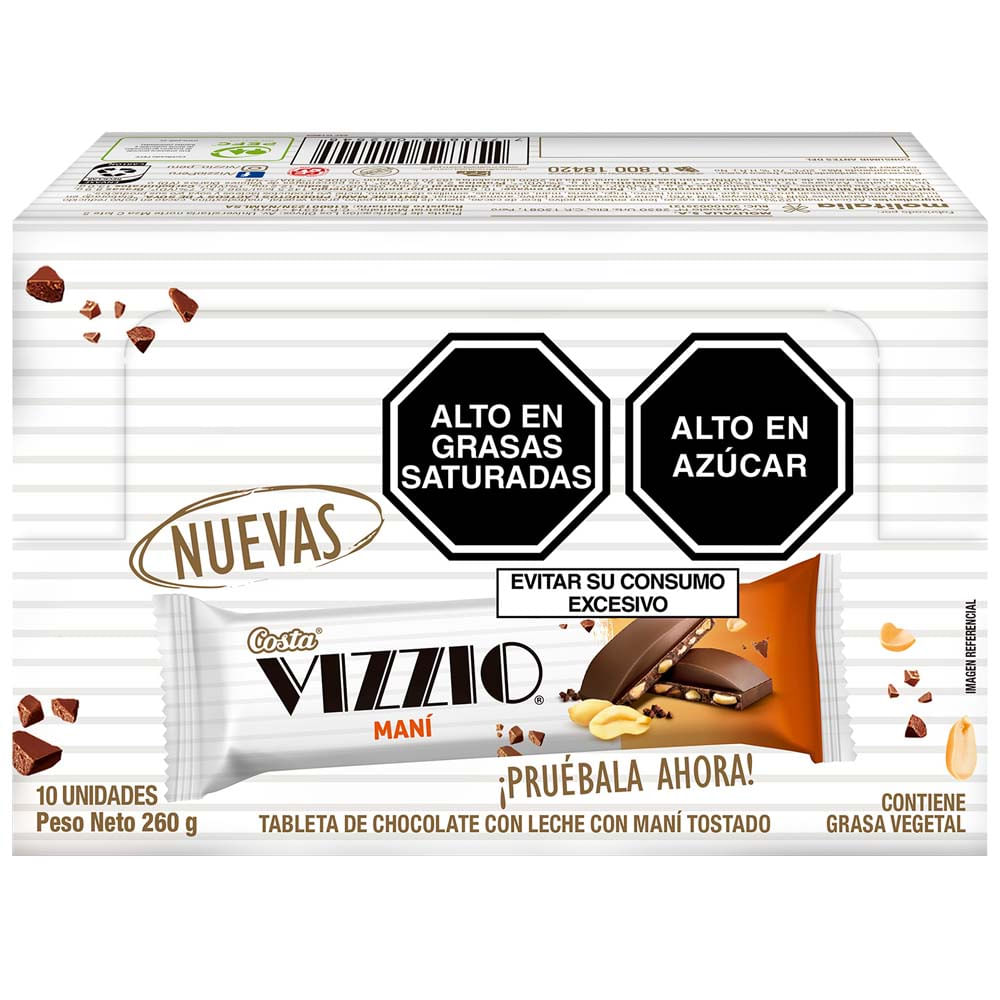 Tableta de Chocolate COSTA Vizzio con Maní Caja 10un