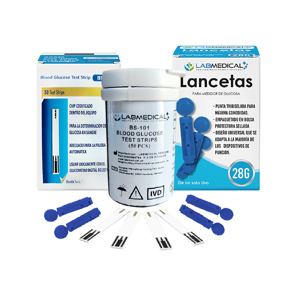 50 Tiras  Bs101 y  50 Lancetas  Para Glucometro Labmedical BG102 Y BG202