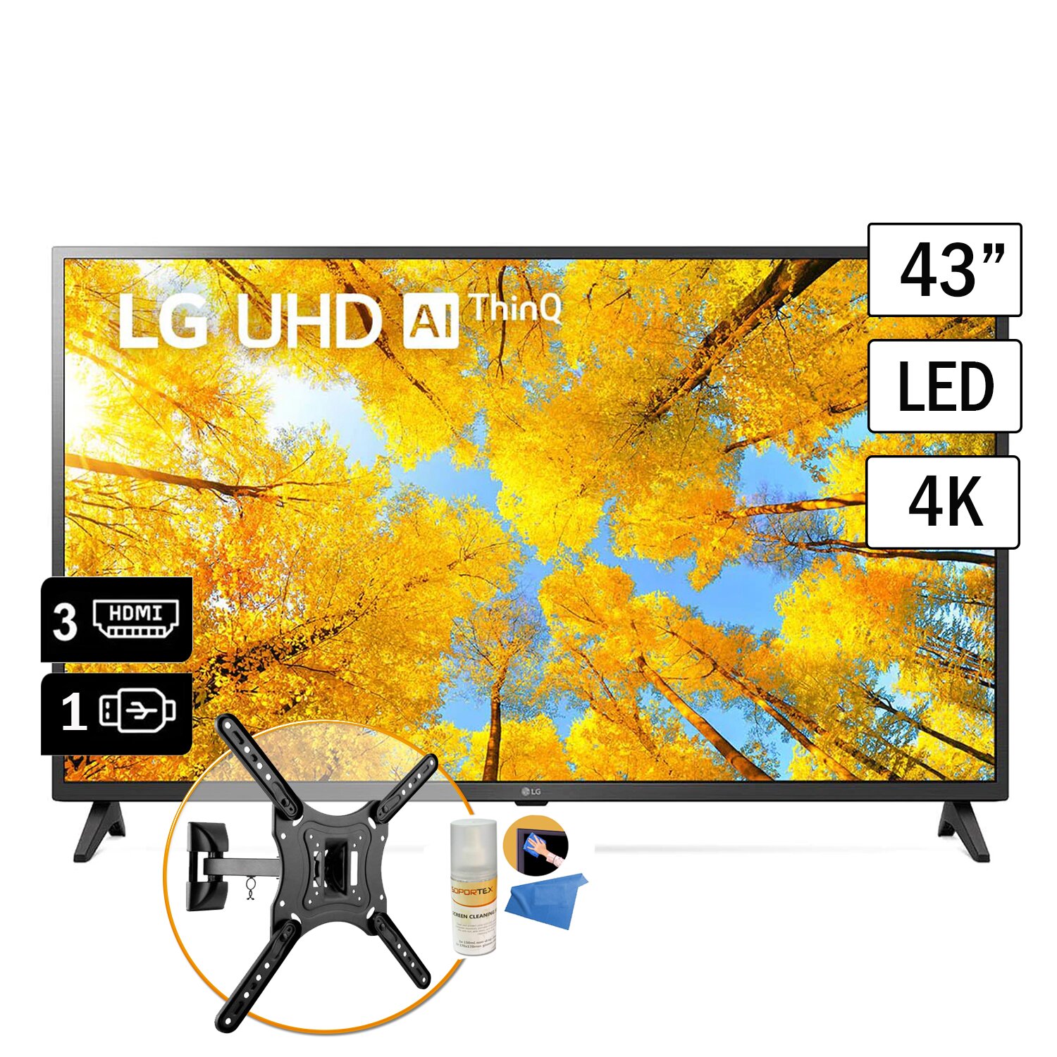 Televisor LED Smart TV 4K UHD 43" LG 43UQ7500PSF + Rack y Limpiador