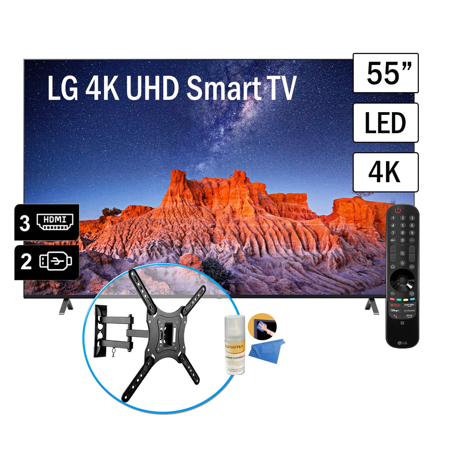Televisor Smart TV ThinQ AI 4K UHD 55" LG 55UQ801C + Rack + Limpiador