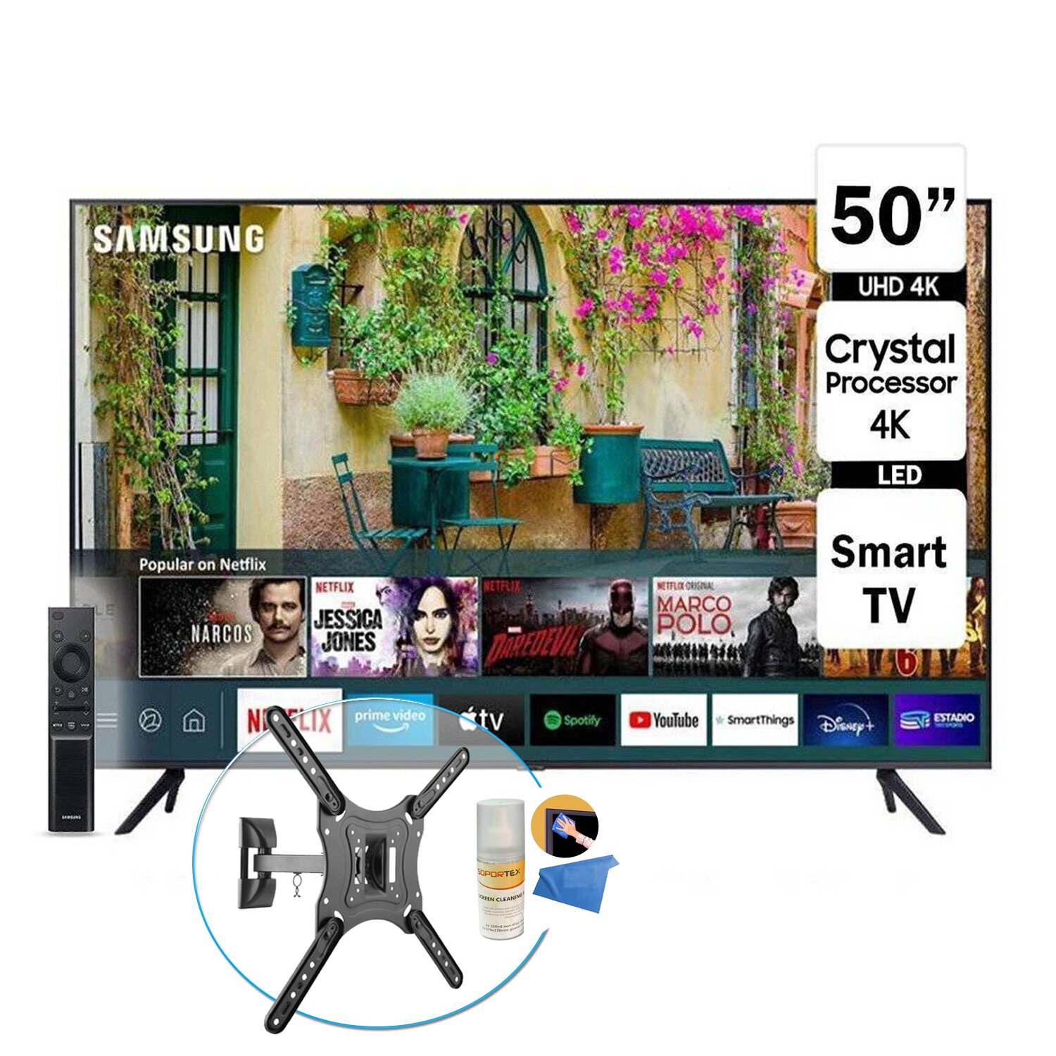 Televisor LED Smart TV 4K UHD 50" Samsung UN50AU7090GX + Rack + Limpiador