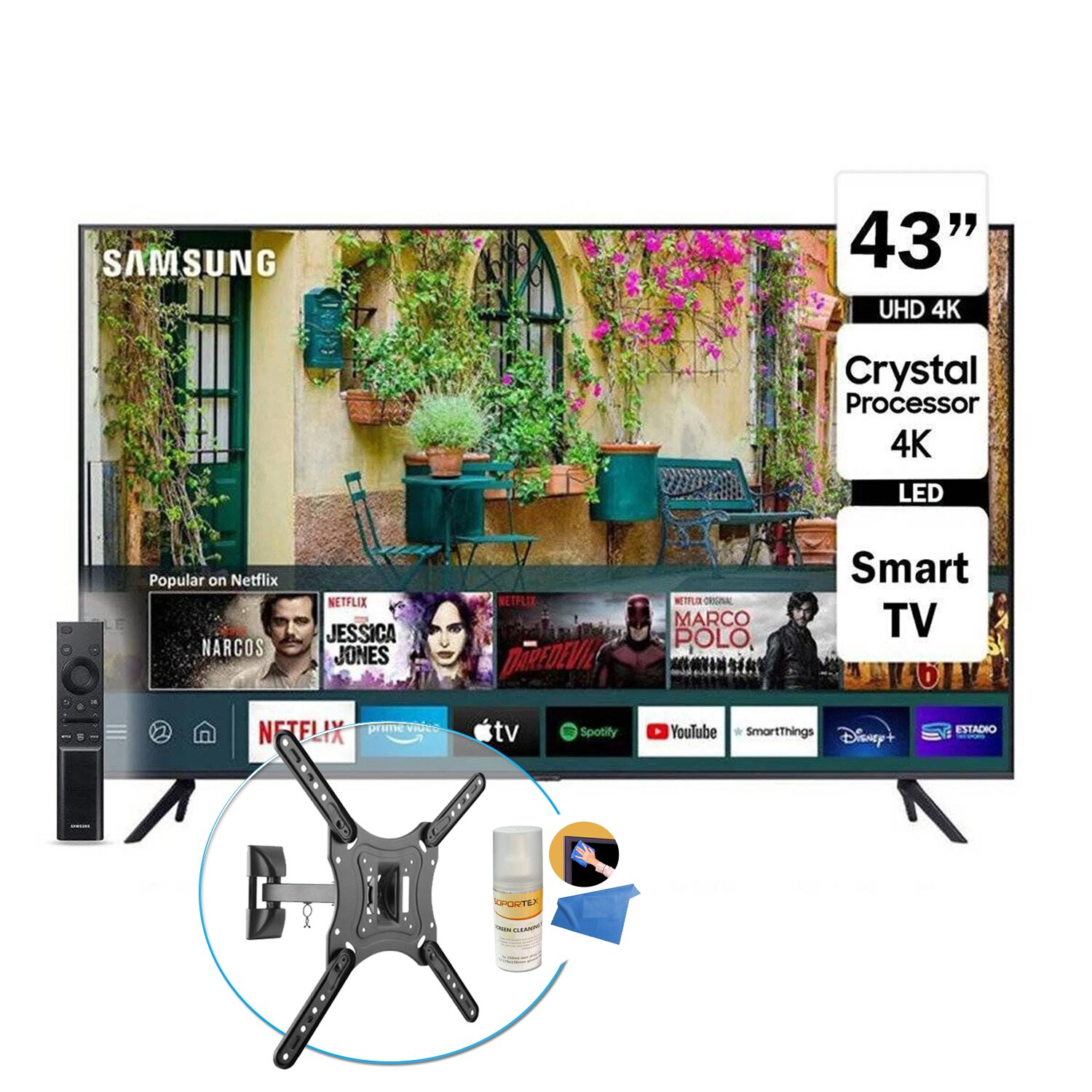 Televisor LED Smart TV 4K UHD 43" Samsung UN43AU7090GX + Rack + Limpiador
