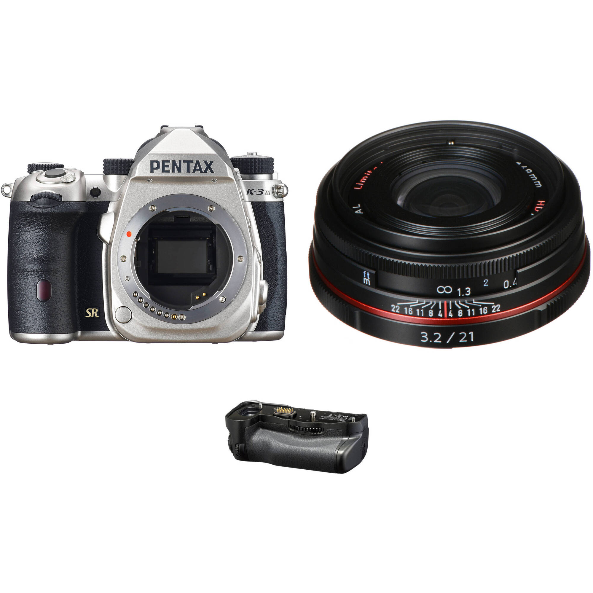 Cámara DSLR Pentax K-3 Mark III con lente de 21 mm y kit de empuñadura de batería (plata)