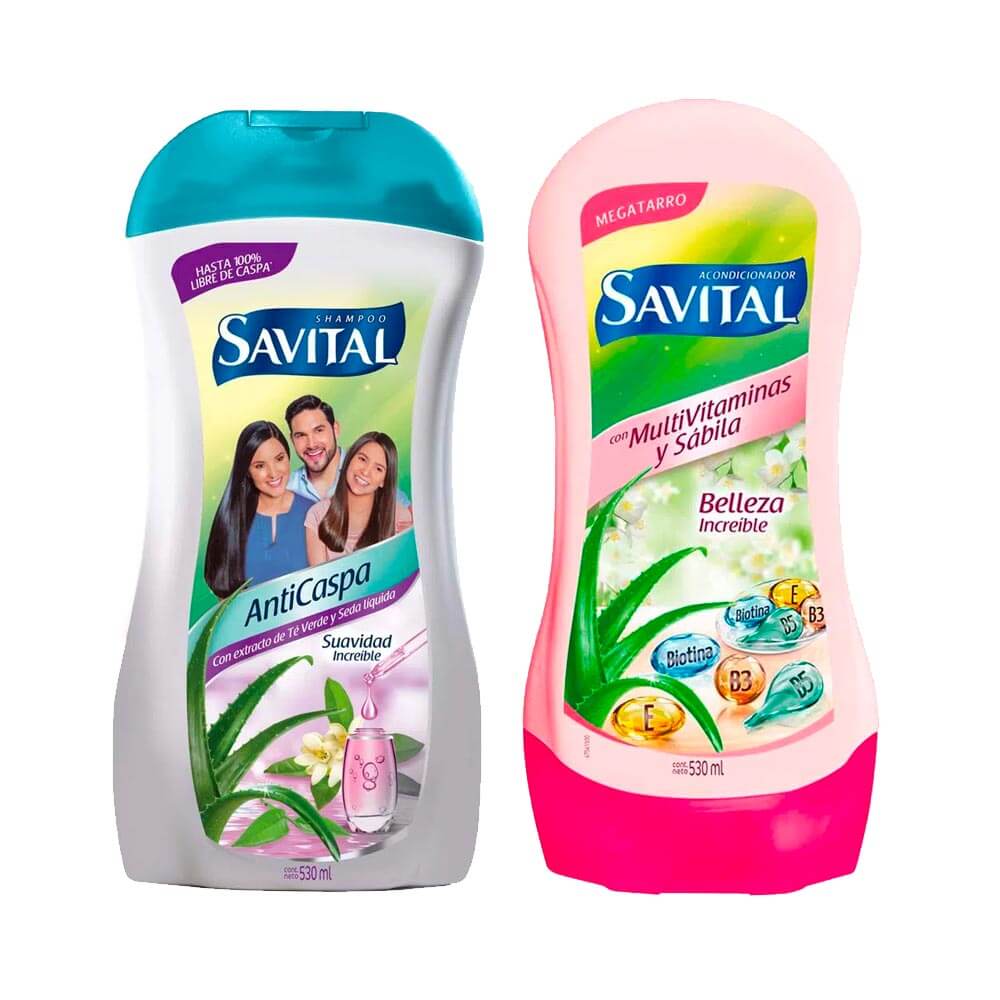 Pack Shampoo Anticaspa SAVITAL Frasco 530ml + Acondicionador SAVITAL Multivitaminas & Sábila Frasco 530ml