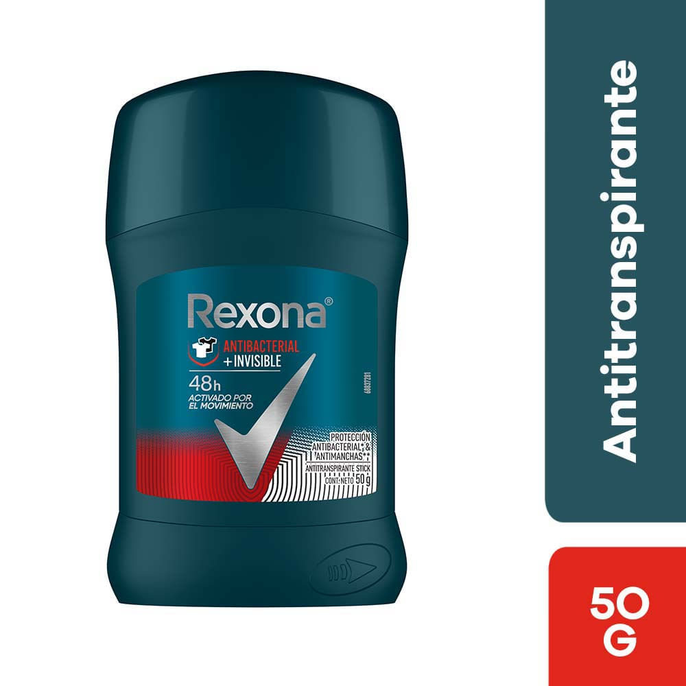 Desodorante en Barra para Hombre REXONA Antibacterial Invisible Frasco 50g