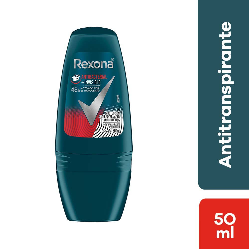 Desodorante en Roll On para Hombre REXONA Antibacterial Invisible Frasco 50ml