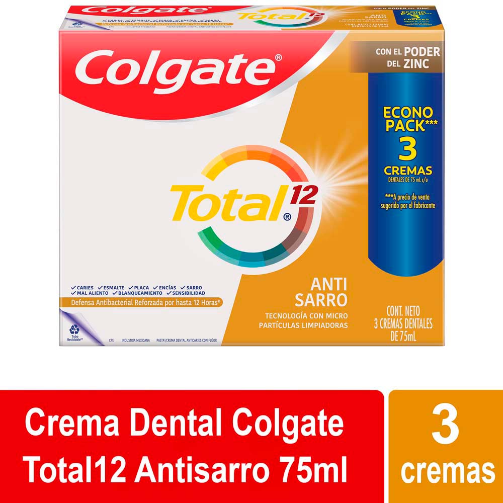 Pasta Dental COLGATE Total 12 Antisarro Caja 3x75ml