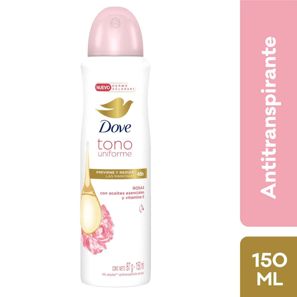 Desodorante en Aerosol para Mujer DOVE Tono Uniforme Rosas Frasco 150ml