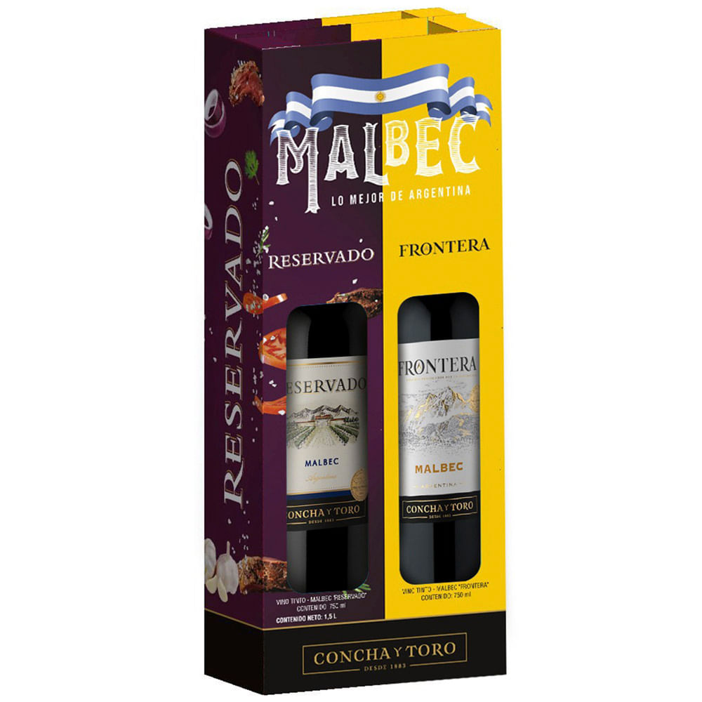 Pack Vino Tinto CONCHA Y TORO Frontera Malbec Botella 750ml + Vino Tinto CONCHA Y TORO Reservado Malbec Botella 750ml