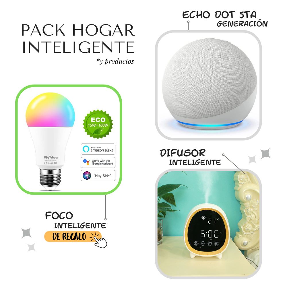 Pack Hogar Inteligente Echo Dot 5ta Gen, Difusor Inteligente, Foco Flyidea de Regalo