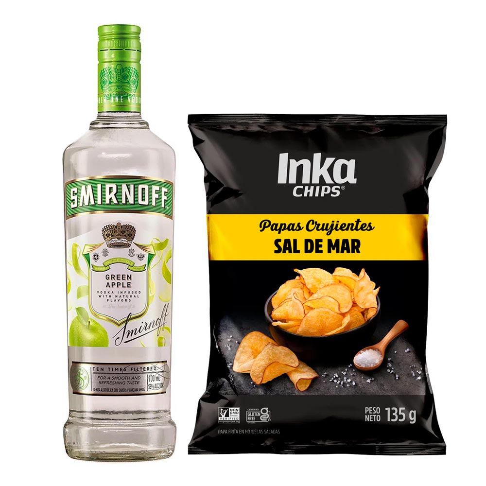 Pack Vodka SMIRNOFF Apple Botella 700ml + Papas INKA CHIPS con Sal de Mar Bolsa 135g
