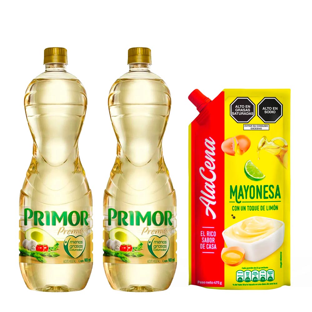 Pack Aceite Vegetal PRIMOR Premium 900ml Botella 2un + Mayonesa ALACENA Doypack 475g