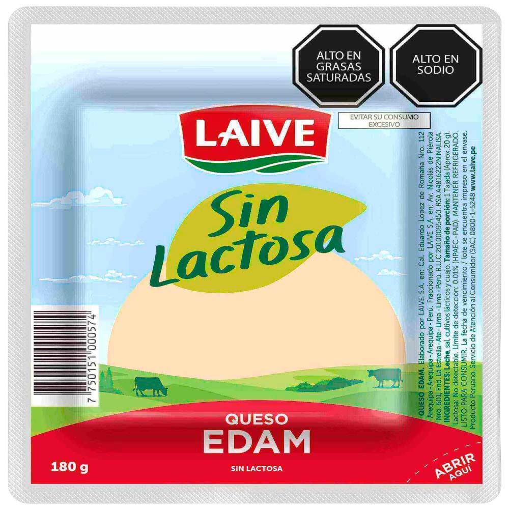 Queso Edam LAIVE Sin Lactosa Paquete 180g