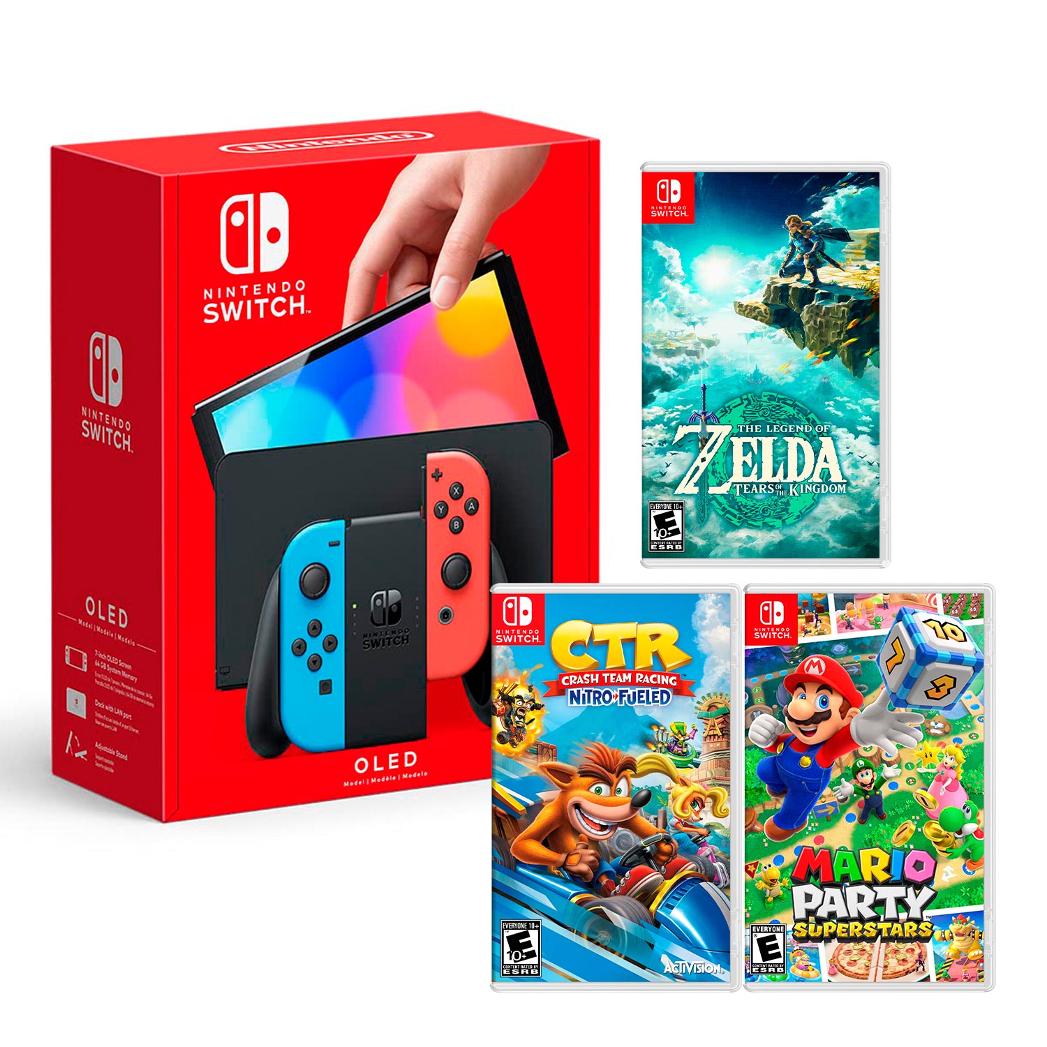 Consola Switch Oled Neon + Zelda Tears Of The Kingdom + CTR + Mario Superstar