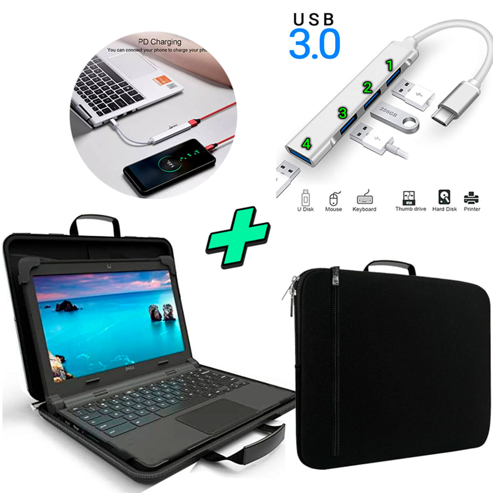 Kit Funda para Laptop Maleta + Hub Tipo C a USB 3.0 4 Puertos