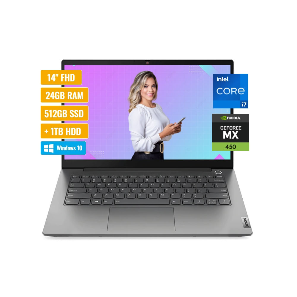 Laptop Lenovo Thinkbook Intel Core i7-1165G7 24GB RAM 512GB SSD y 1TB HDD 2GB MX450 14" Windows 10