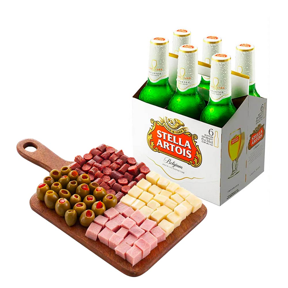 Pack Cerveza STELLA ARTOIS Botella 330ml 6 Pack + Tabla Piqueo Tradicional BELL´S