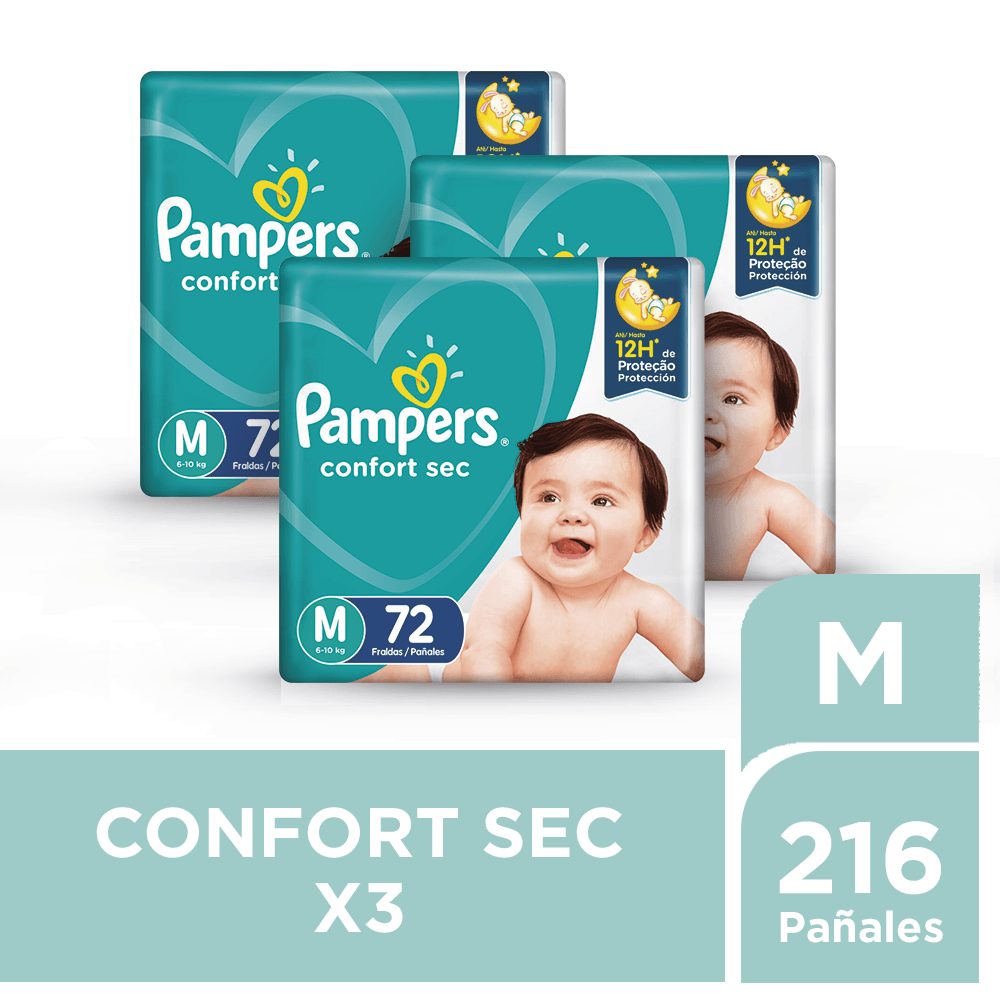 Pack Pañales para Bebé PAMPERS Confort Sec Talla M 72un Paquete 3un