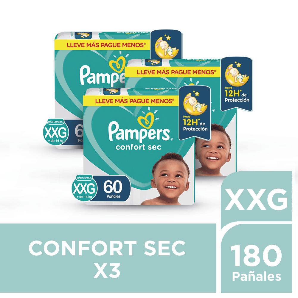 Pack Pañales para Bebé PAMPERS Confort Sec Talla XXG 60un Paquete 3un