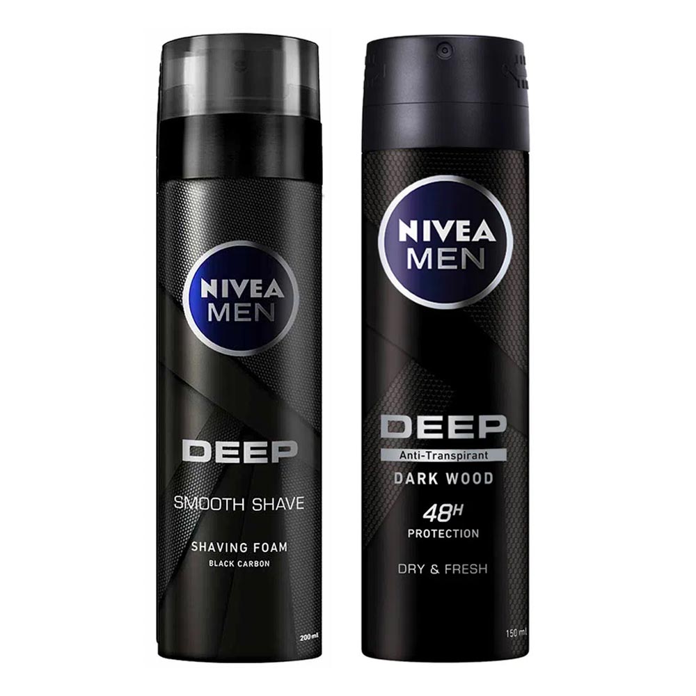 Pack Desodorante Spray NIVEA Deep Black Male - Frasco 150ml + Espuma de Afeitar NIVEA Men Deep - Frasco 200ml