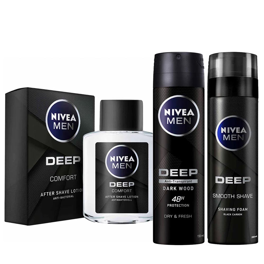Pack NIVEA Men Deep Desodorante Spray Black Frasco 150ml + Bálsamo After Shave Frasco 100ml + Espuma de Afeitar Frasco 200ml