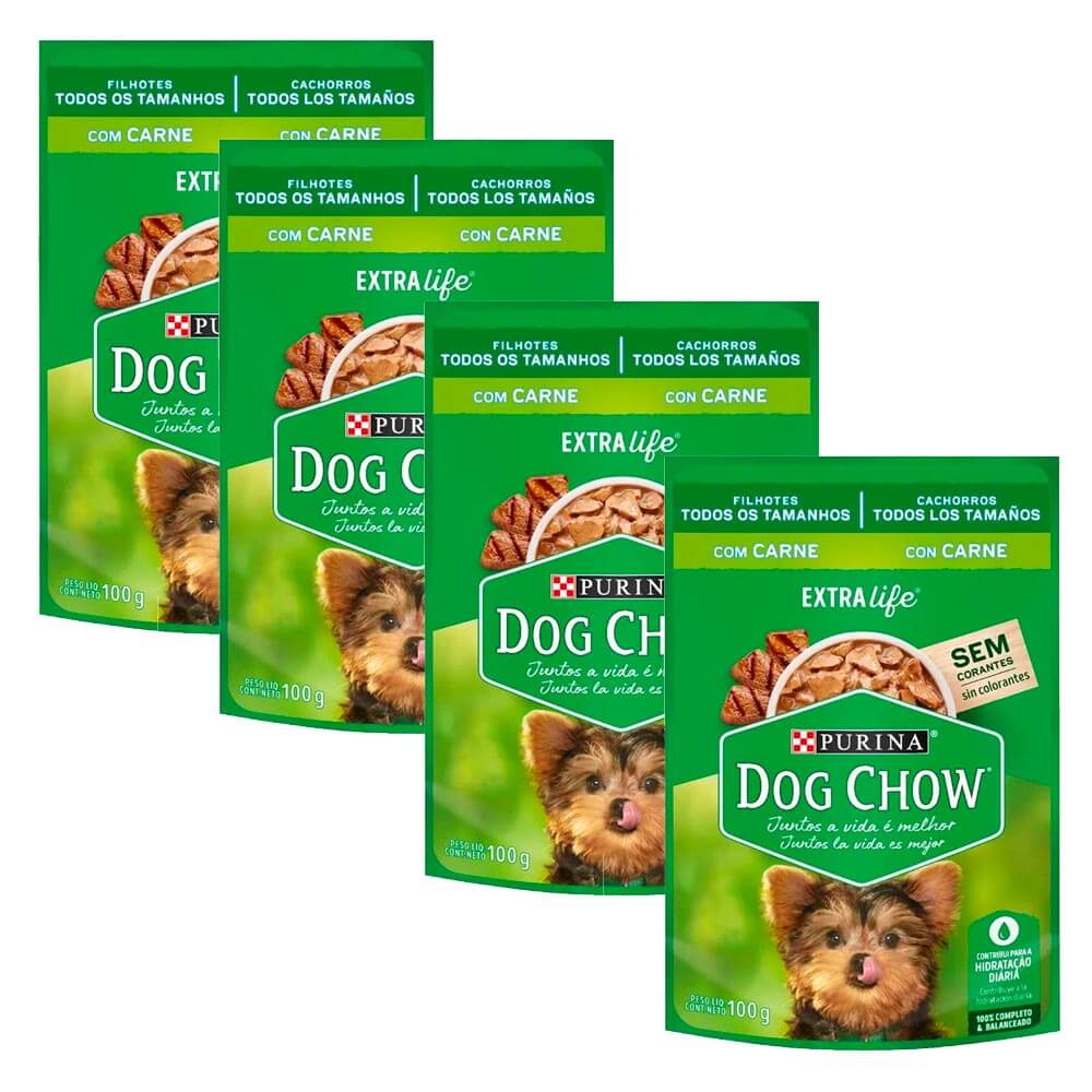 Pack Comida para Perros DOG CHOW Cachorros Razas Pequeñas Sabor Carne, Leche y Arroz Pouch 100g x4un
