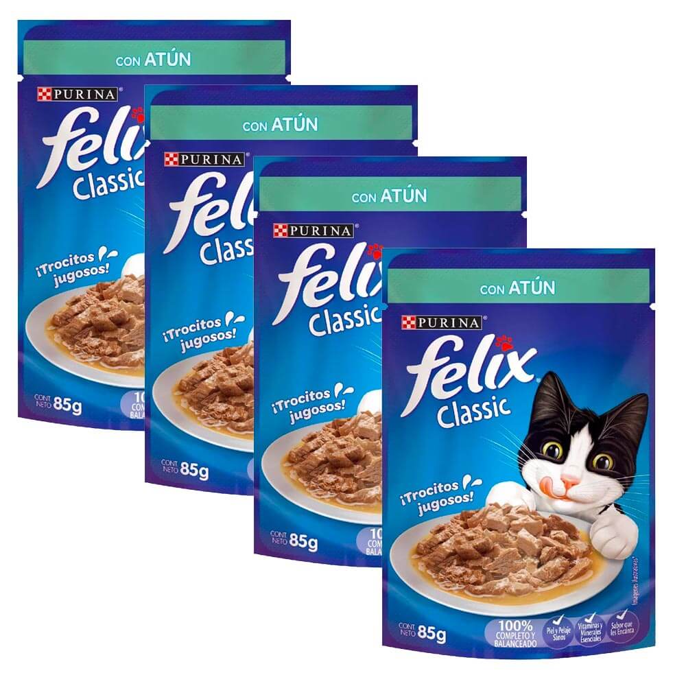 Pack Comida para Gatos FELIX Sensaciones de Atún en Salsa para Gatitos Pouch 85g x4un