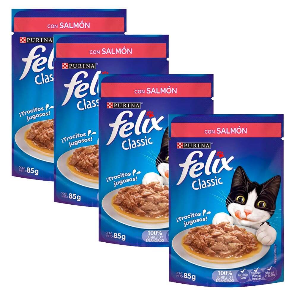 Pack Comida para Gatos FELIX Sensaciones de Salmón en Salsa para Gatitos Pouch 85g x4un