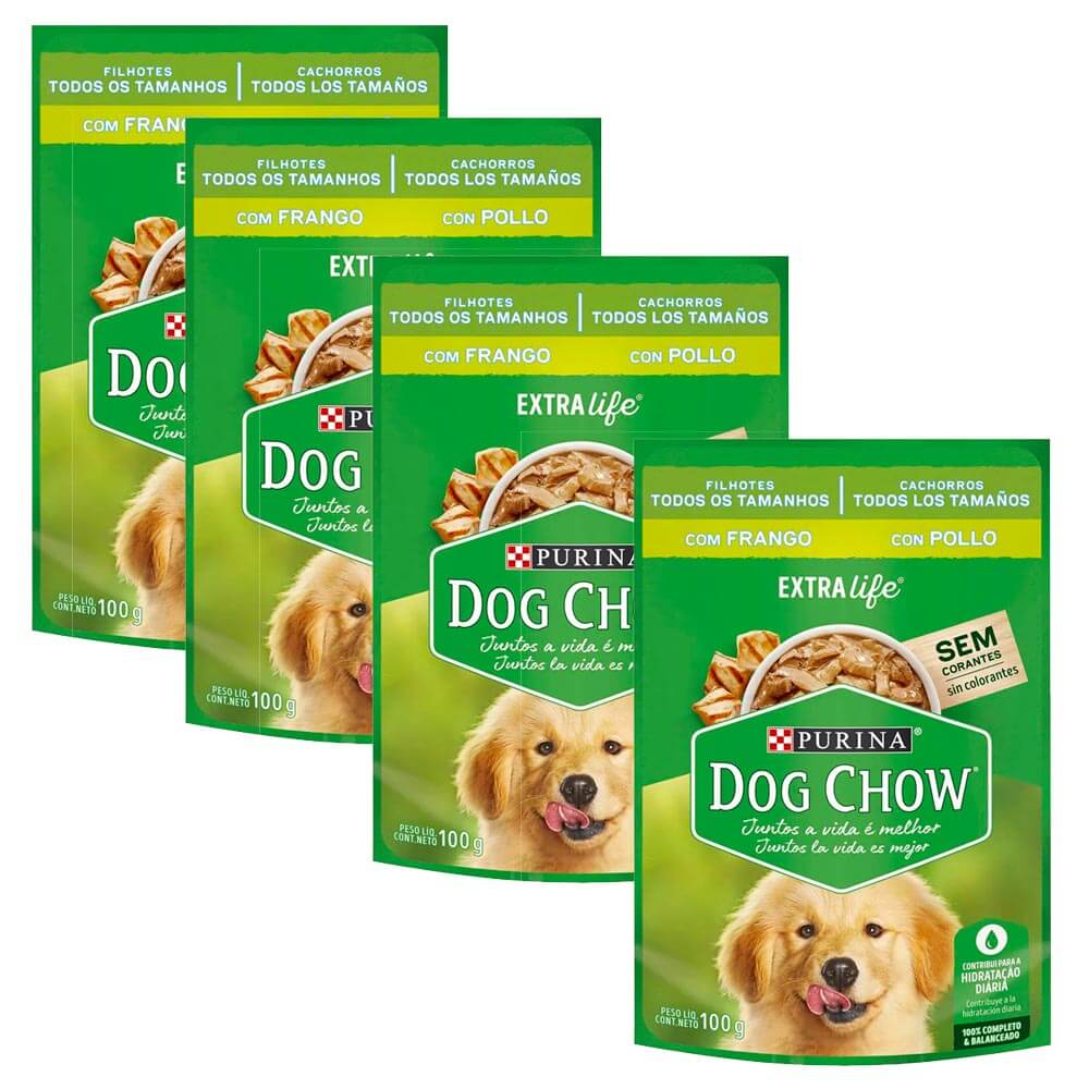 Pack Comida para Perros DOG CHOW Cachorros Trozos Jugosos de Pollo Pouch 100g x4un