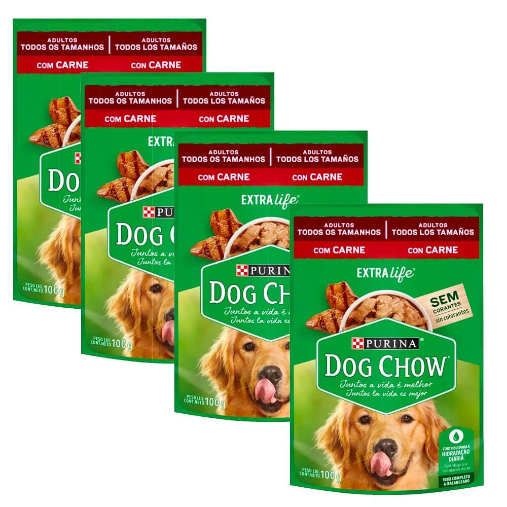 Pack Comida para Perros DOG CHOW Adultos Cena de Carne Pouch 100g x4un