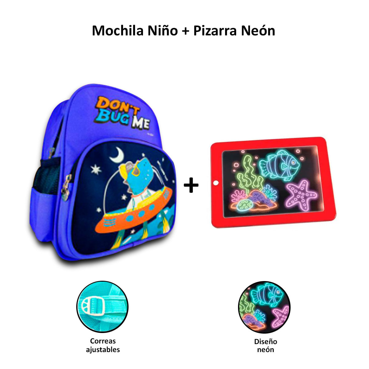 Mochila Don't bug me 30 cm con Diseños Variados para Niños + Pizarra Mágica con Plumones Neón