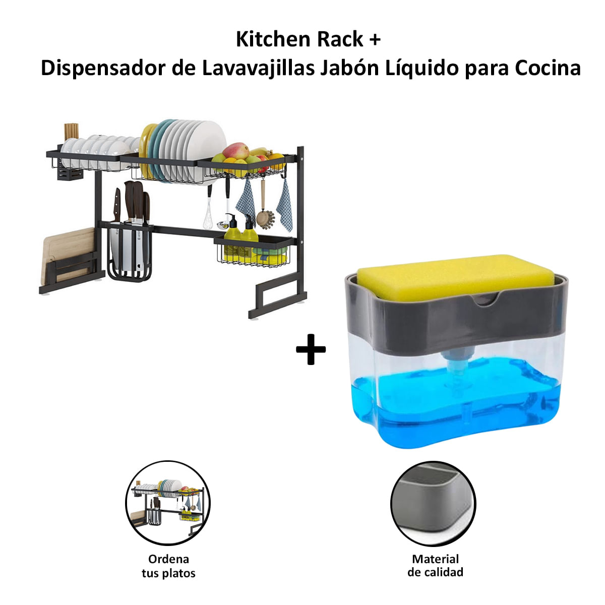 Rack Organizador y Escurridor de Platos + Dispensador de Lavavajillas Jabón Líquido para Cocina