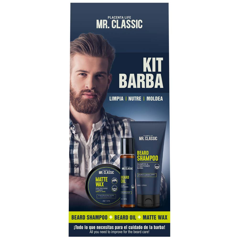 Kit Barba PLACENTA LIFE Beard Shampoo + Beard Oil + Matte Wax Caja 3un