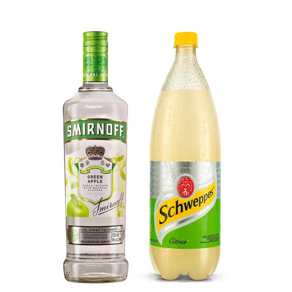 Pack Vodka SMIRNOFF Apple Botella 700ml + Ginger Ale SCHWEPPES Citrus Botella 1.5L