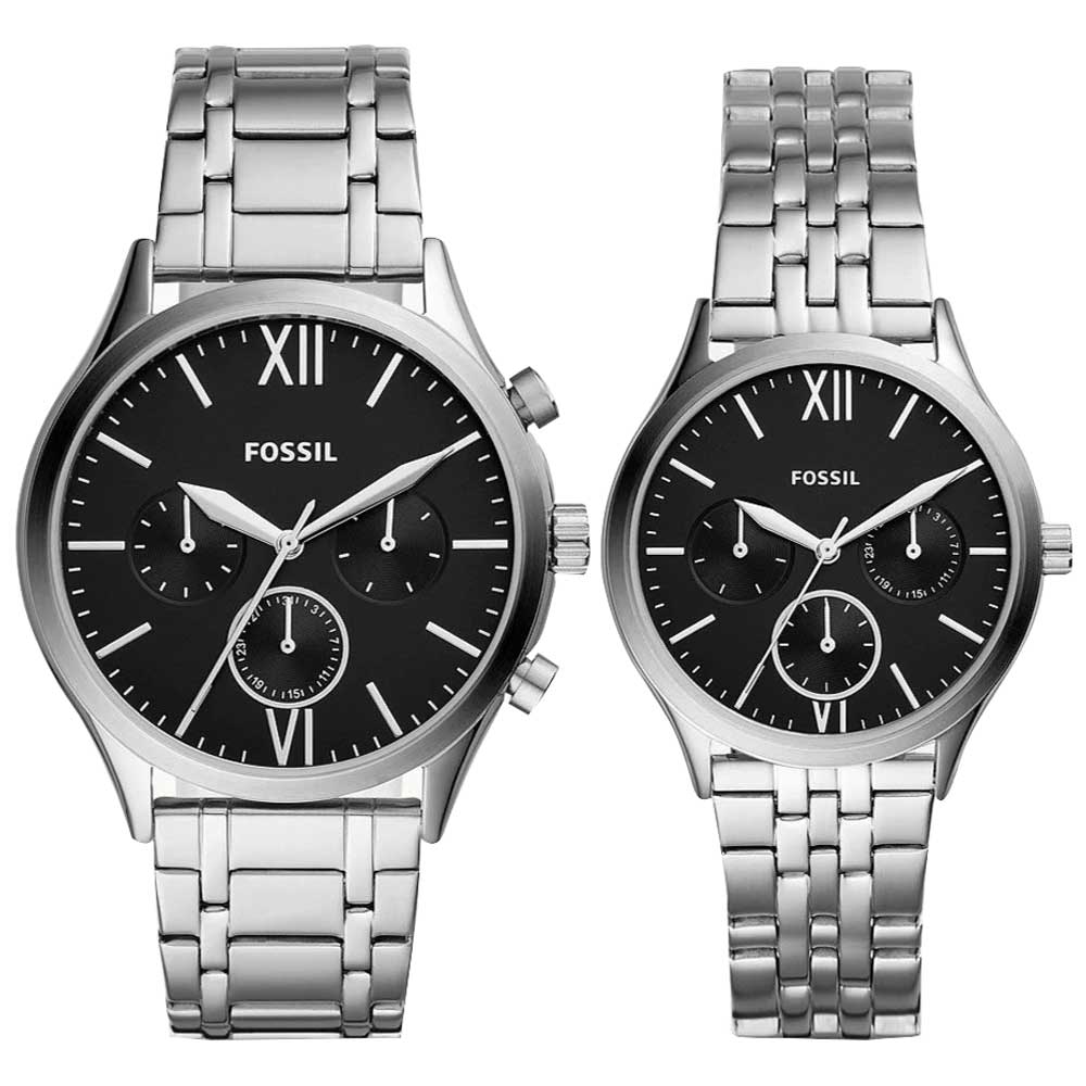 Reloj Fossil Fenmore BQ2469SET para Hombre y Mujer Set 2 Relojes Acero Inoxidable - Plateado Negro