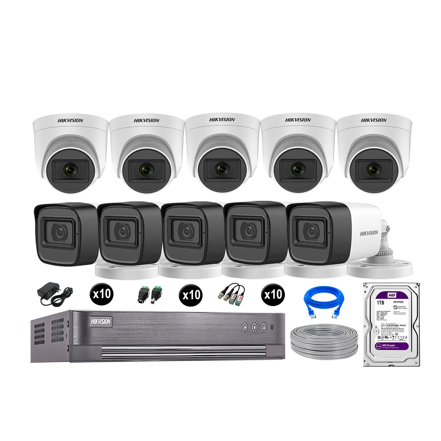 Kit 10 Cámaras de Seguridad Hikvision Audio Incorporado Full Hd 1080P Vigilancia Disco 1Tb