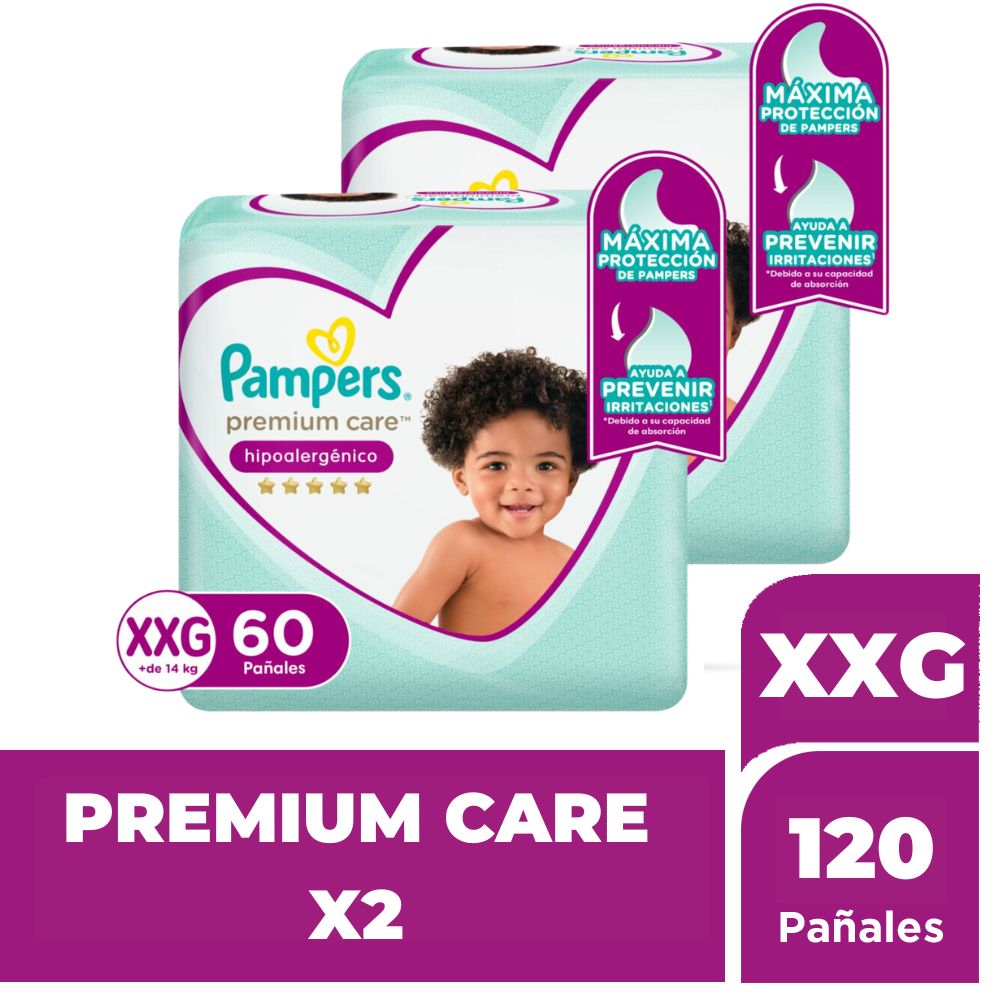 Pack Pañales para bebé PAMPERS  Premium Care Talla XXG Paquete 120un