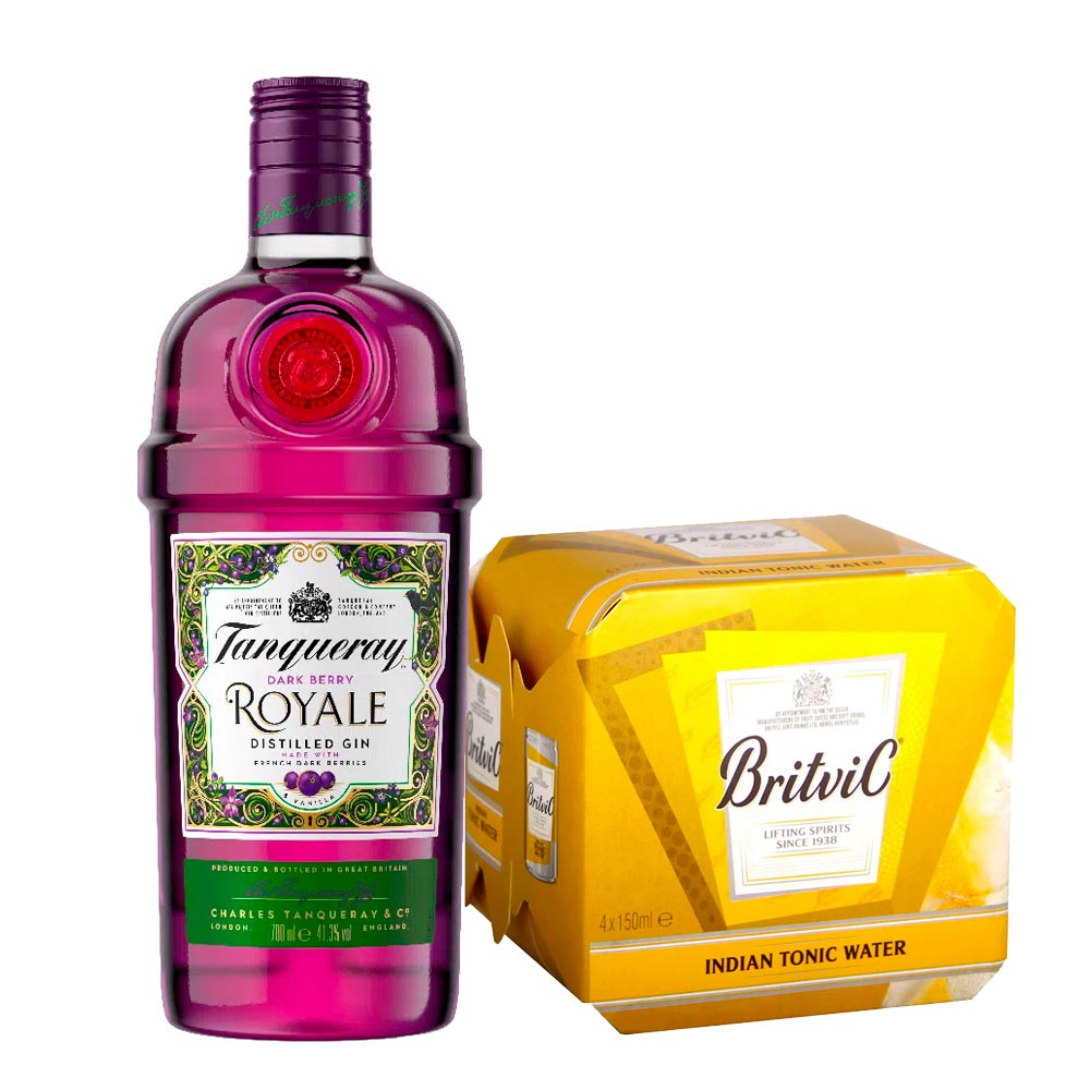 Pack Gin TANQUERAY Royale Botella 700ml + Agua Tónica BRITVIC Paquete 4un Lata 150ml