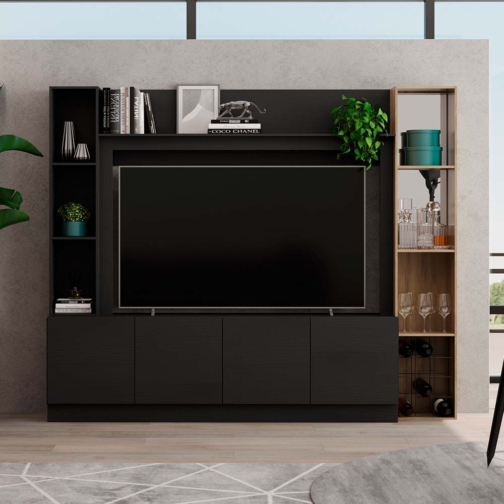 COMBO Mueble Sala Modular Orange: Mesa de TV 4 Puertas Negro + Estante Bar Maple + Marco con Estante Negro