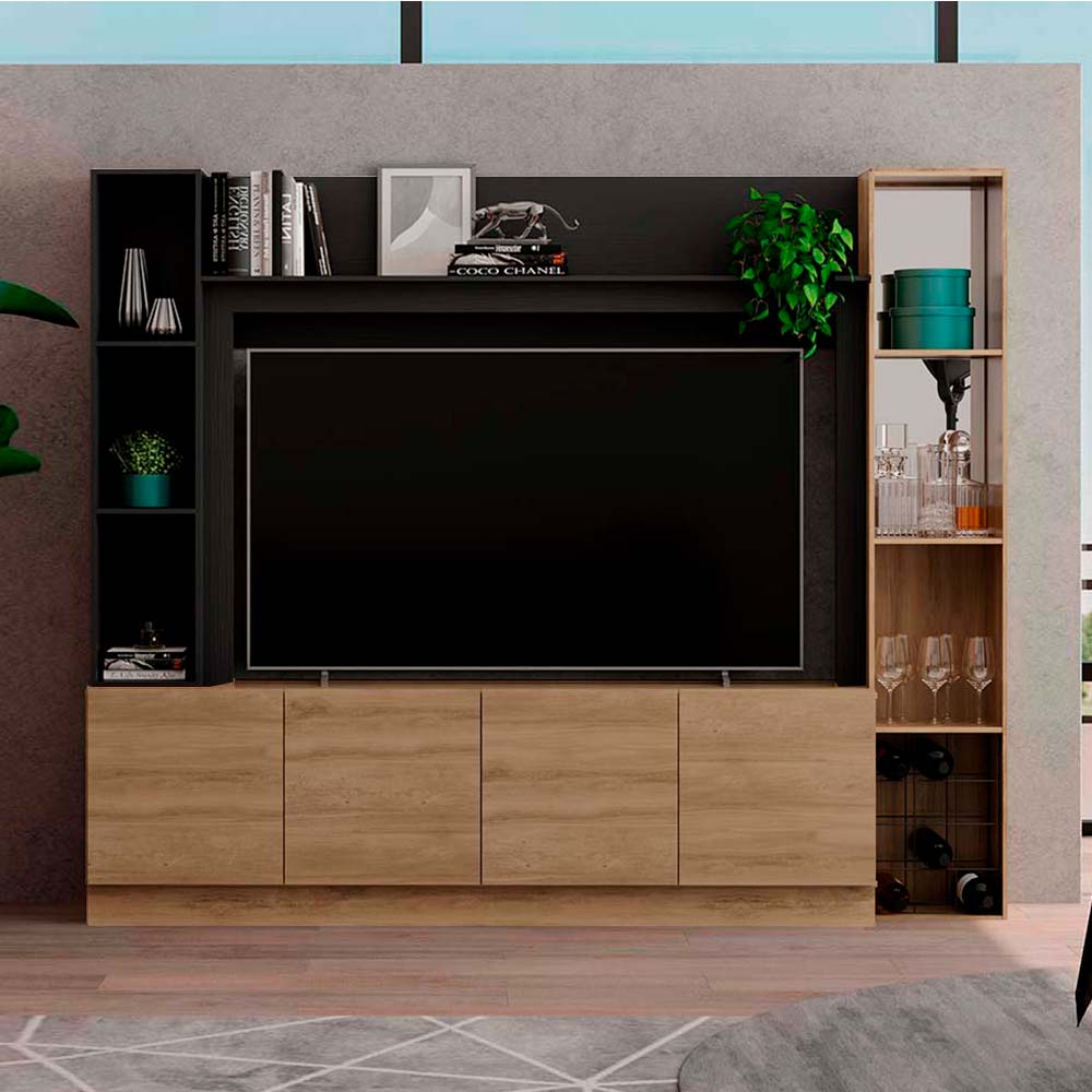 COMBO Mueble Sala Modular Orange: Mesa de TV 4 Puertas Maple + Estante Bar Maple + Marco con Estante Negro