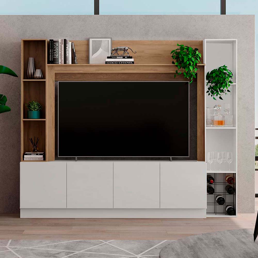 COMBO Mueble Sala Modular Orange: Mesa de TV 4 Puertas Blanco + Estante Bar Blanco + Marco con Estante Maple